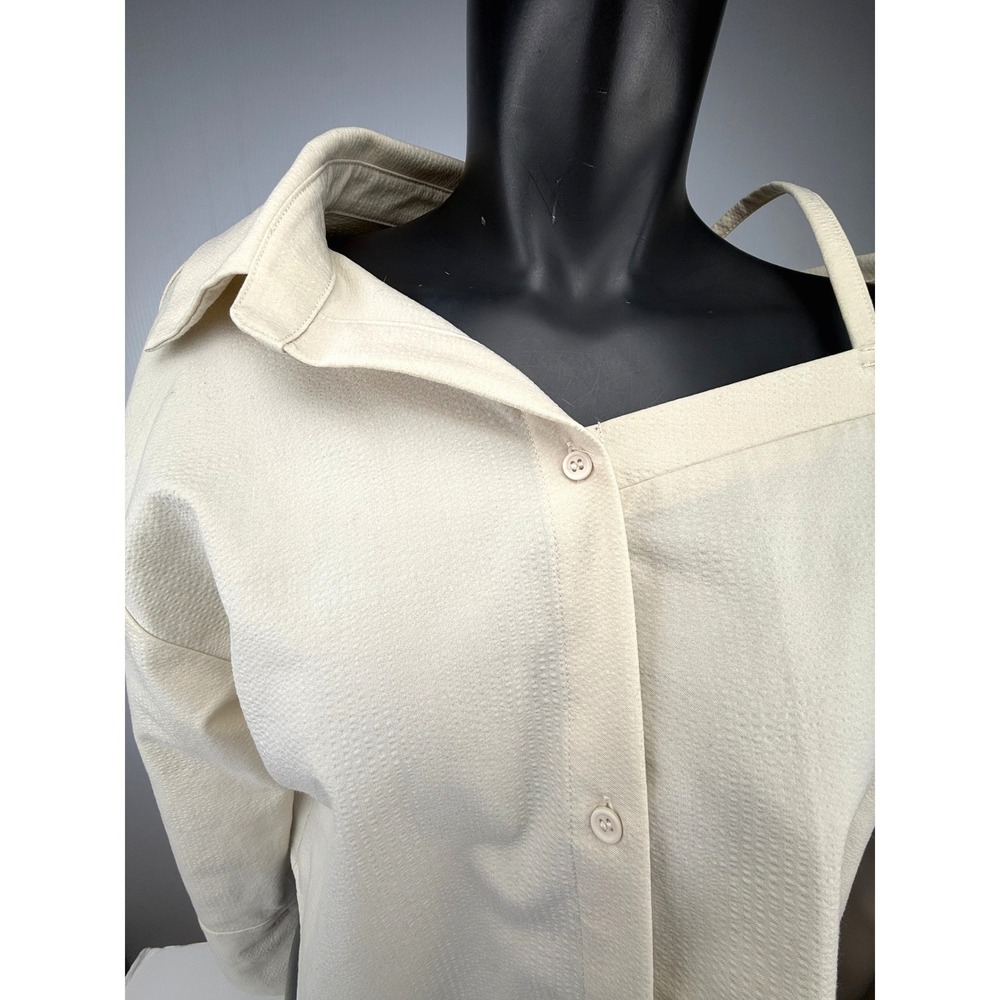 OAK + FORT Textured Off-Shoulder Asymmetrical Cropped Cream Button Up Shirt Sz M - Picture 5 of 6